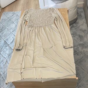 Zara Beige Smocked Long-Sleeve Midi Dress